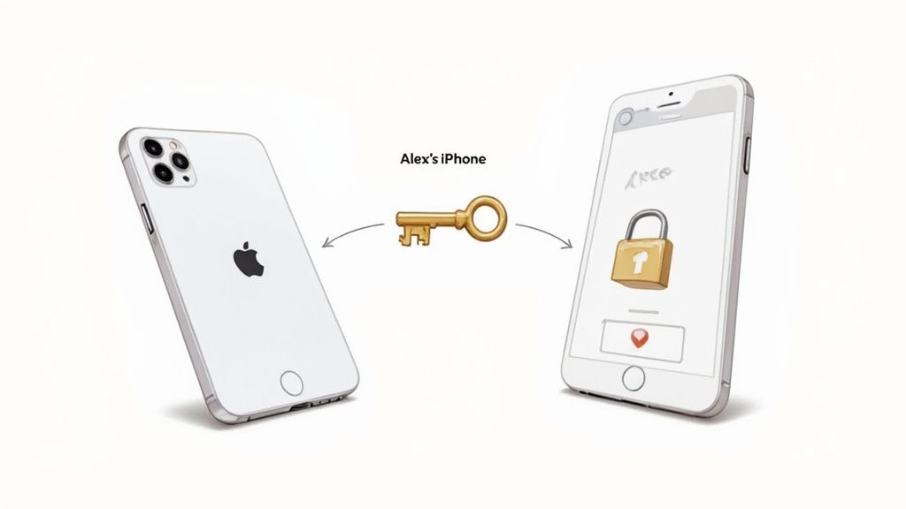 A person tapping their iPhone screen to share a password securely using AirDrop to another iPhone.