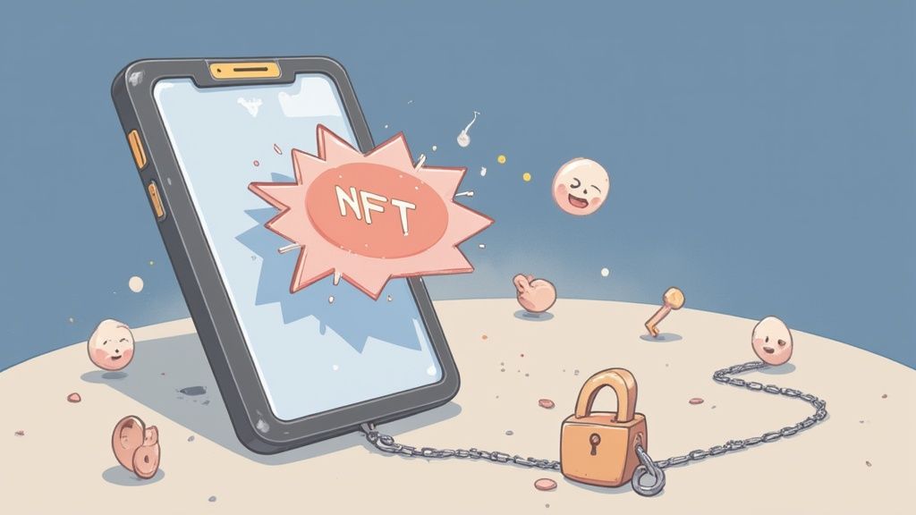 People in a futuristic setting interacting with glowing digital assets, representing NFTs in a treasure hunt.