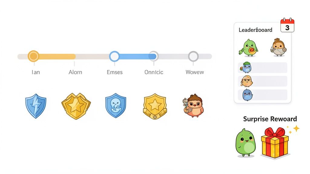 A gamified loyalty program interface with a progress bar, badges, and a leaderboard featuring cute cartoon birds.