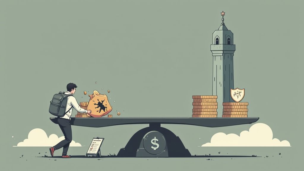 Person looking at a warning sign with crypto symbols