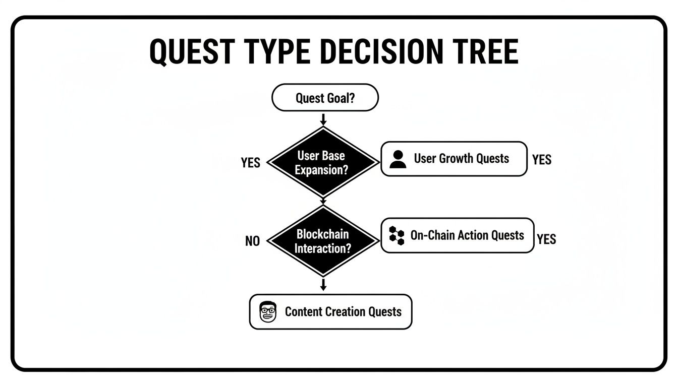 A flowchart titled 'Quest Type Decision Tree' illustrating how to choose quest types based on user base expansion and blockchain interaction.