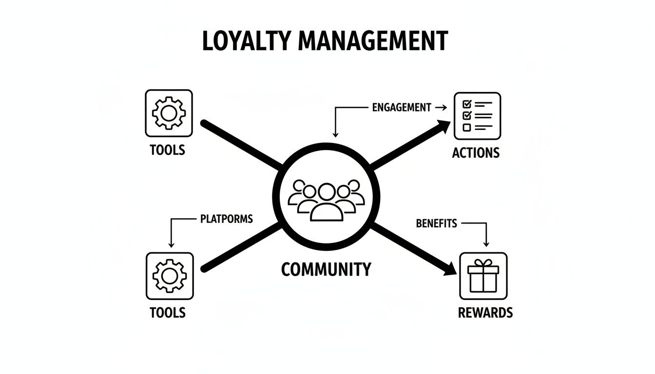 Loyalty management diagram with a central community connected to tools, actions, and rewards.