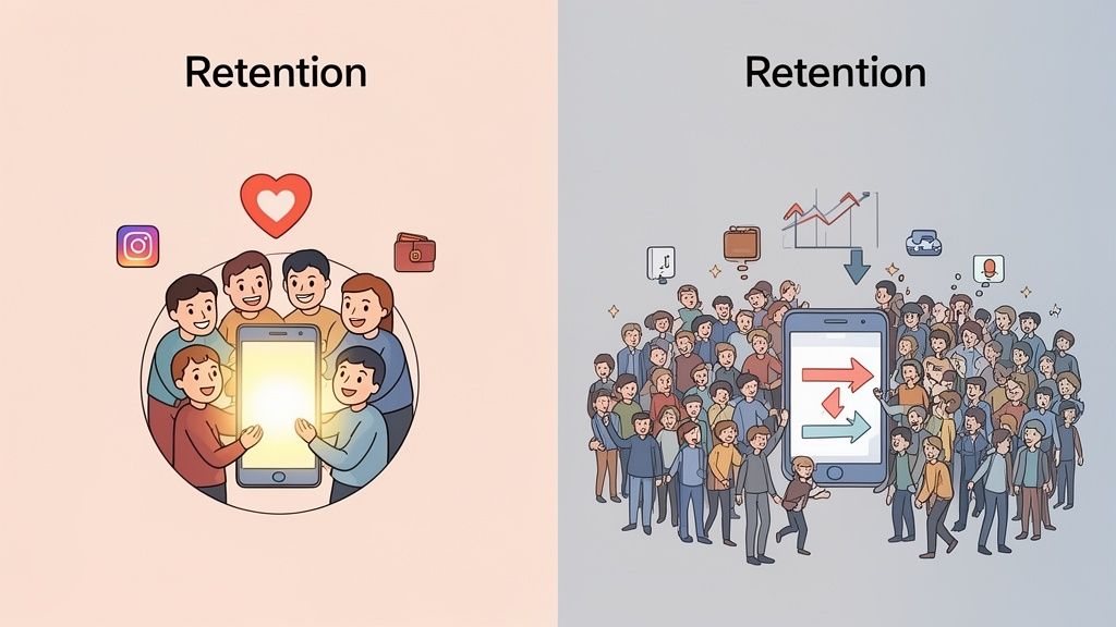 Illustrations of app user retention, showing engaged users and user flow with business metrics.