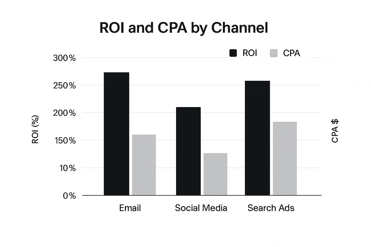 A bar chart comparing the ROI and CPA across Email, Social Media, and Search Ad channels.