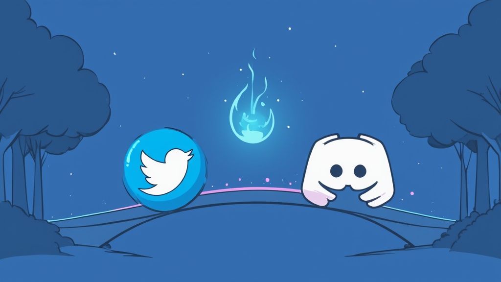 A stylized image showing the Twitter and Discord logos connected by a digital pathway, symbolizing integration.