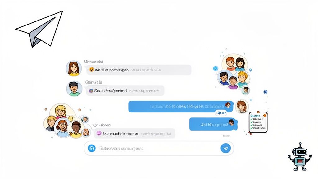 Illustration of a Telegram-like chat interface with group chats, messages, a quest list, and a robot.