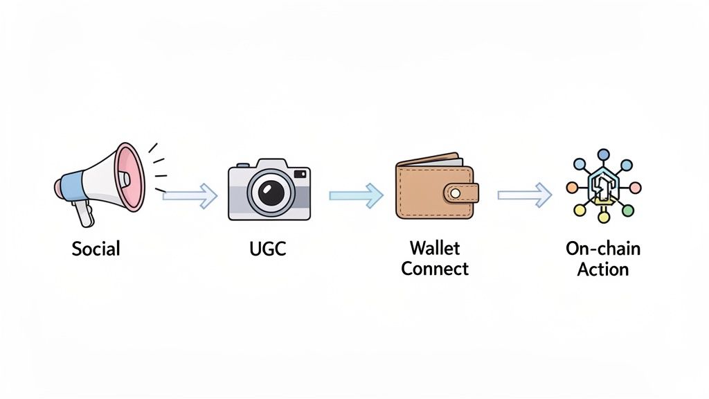 Flowchart showing a digital process from social engagement and UGC to wallet connect and on-chain action.