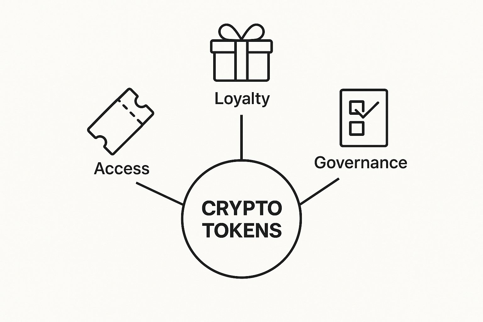 Infographic showing icons of a ticket, gift box, and ballot paper representing access, loyalty, and governance use cases for crypto tokens.