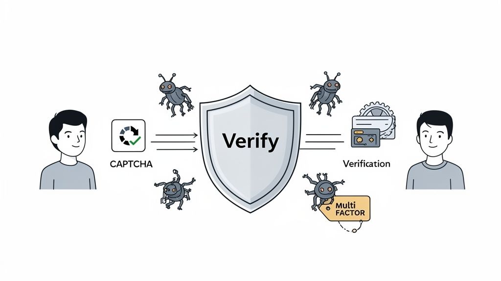 A user passes CAPTCHA and multi-factor authentication through a 'Verify' shield, protected from bots.