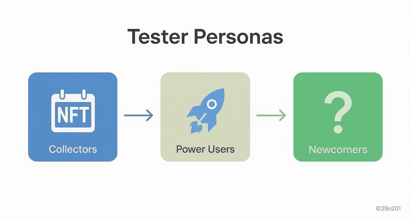 A flowchart showing three tester personas: Collectors (NFT icon), Power Users (rocket icon), and Newcomers (question mark icon).