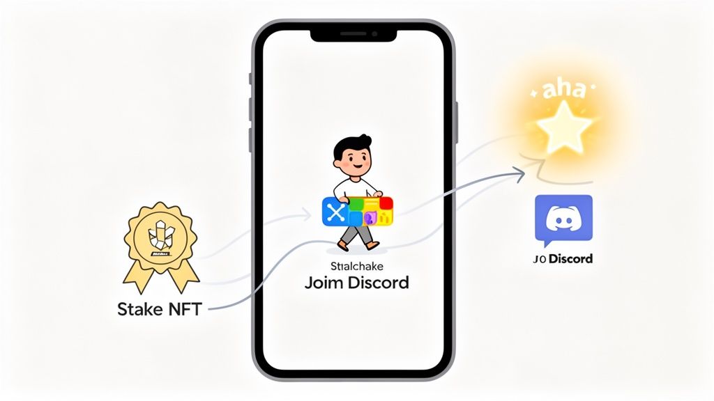 A smartphone app flow showing staking an NFT, joining Discord, and receiving a star reward.