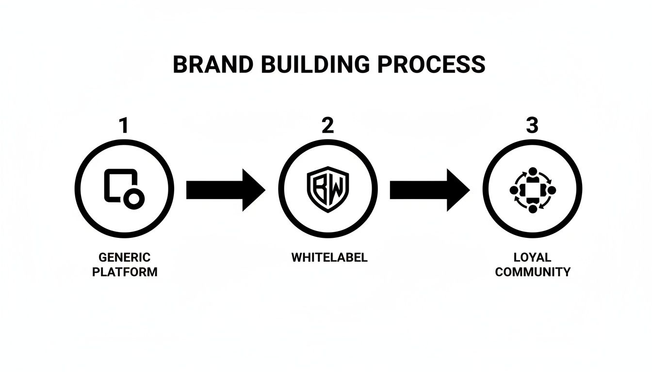 Diagram illustrating the brand building process from a generic platform to whitelabel and loyal community.