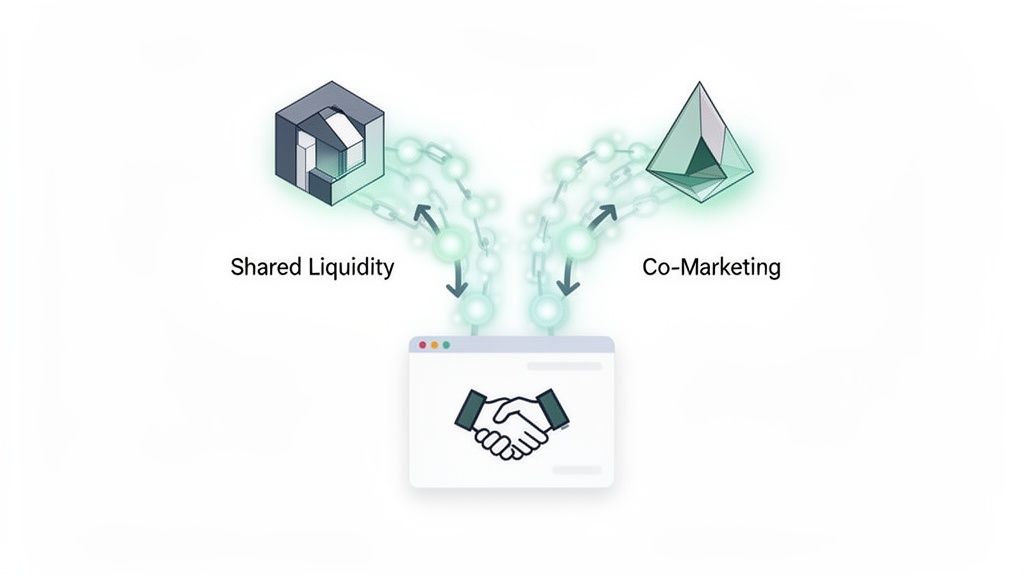 Illustration showing shared liquidity and co-marketing driving a B2B partnership with a handshake icon.