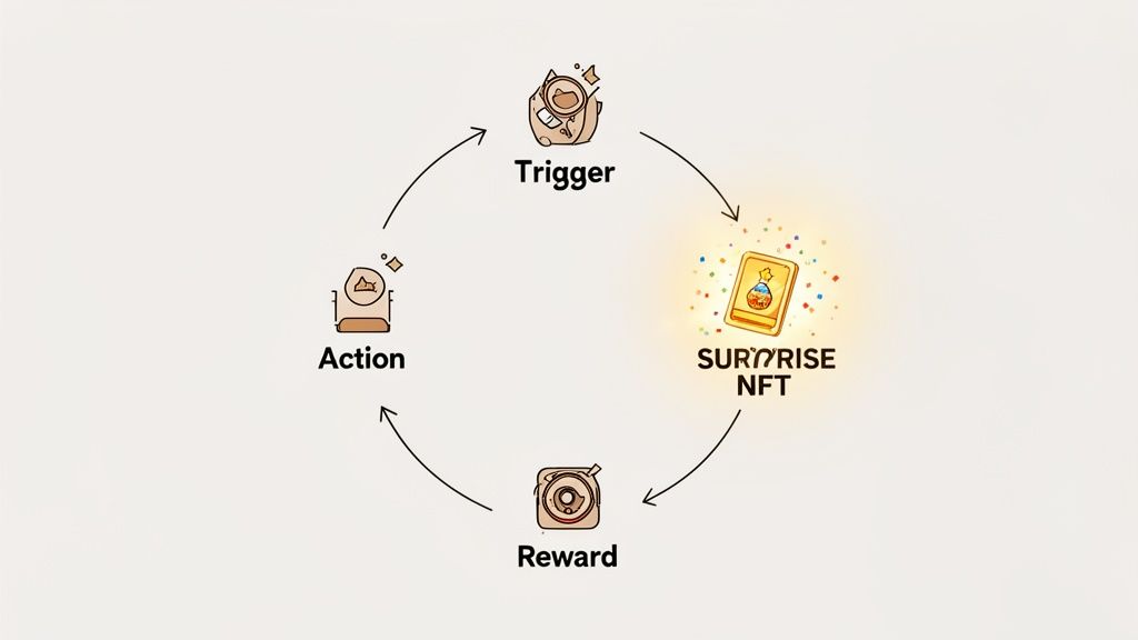 A diagram illustrates a circular process for a Surprise NFT, flowing from Trigger to Reward and Action.