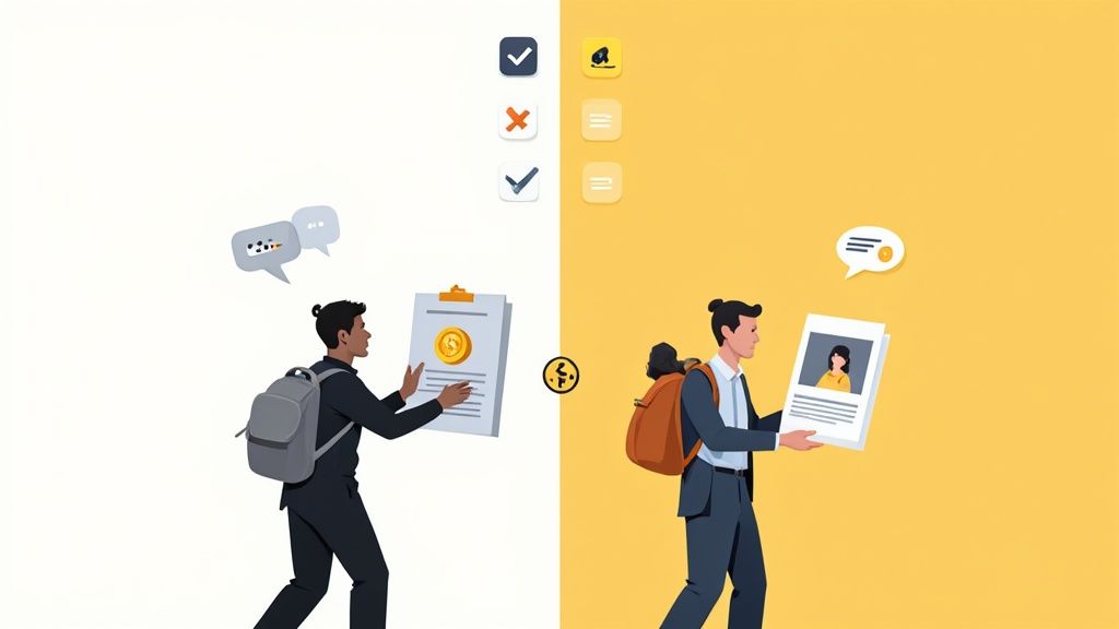 Two professionals reviewing documents with checkmarks and financial information, task management illustration