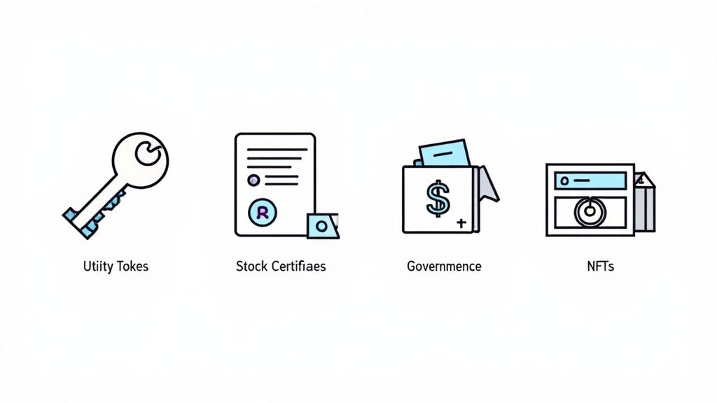 Several different types of crypto tokens represented as colorful icons