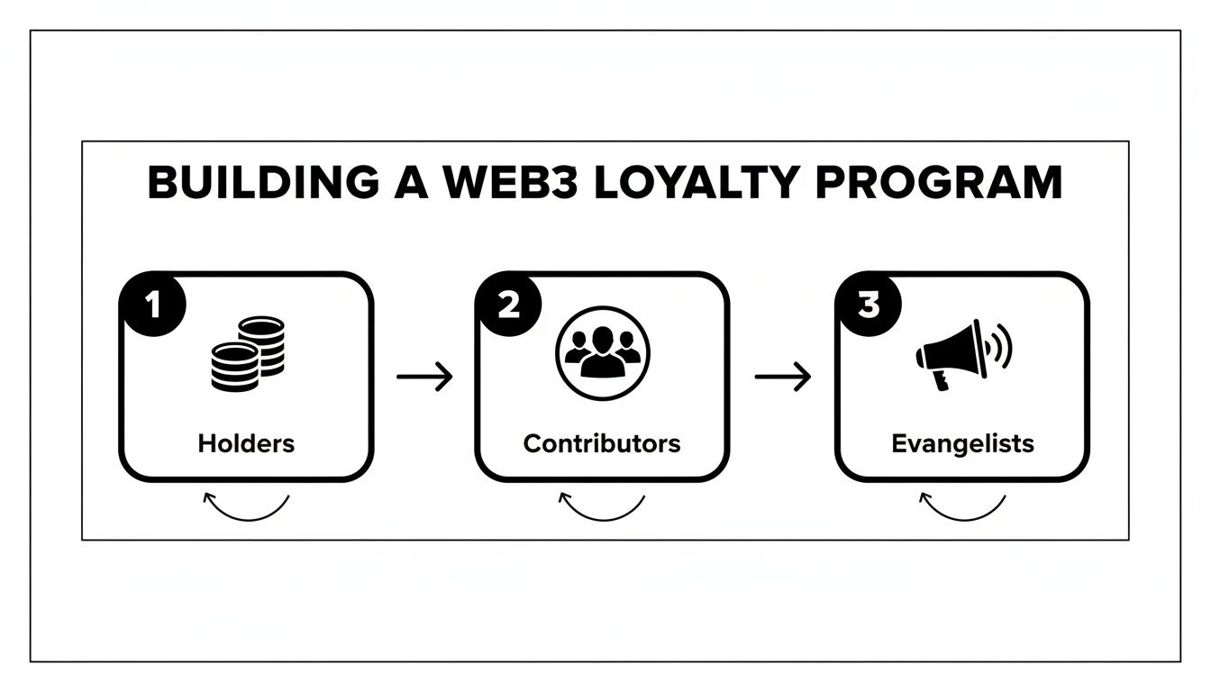 Diagram illustrating the three stages of building a Web3 loyalty program: Holders, Contributors, and Evangelists.