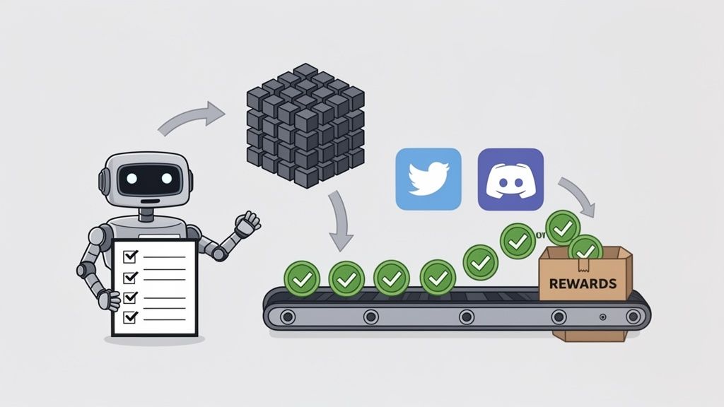 A robot processes tasks from a checklist, engaging social media platforms like Twitter and Discord, to earn digital rewards.