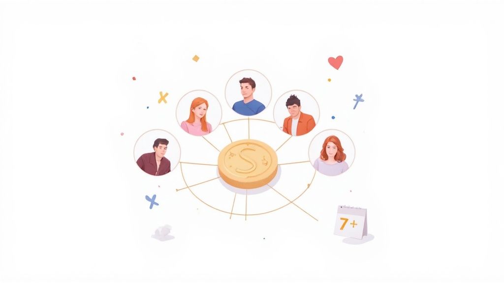 People connected around a dollar coin representing crowdfunding or community investment network