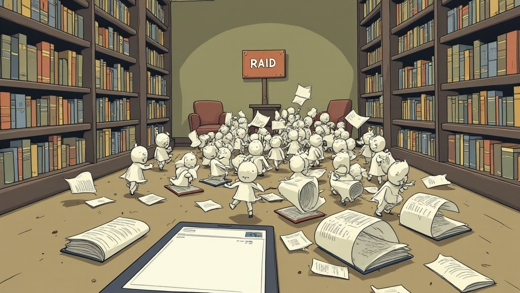 Small white figures create chaos in a library, scattering books and papers under a 'RAID' sign.