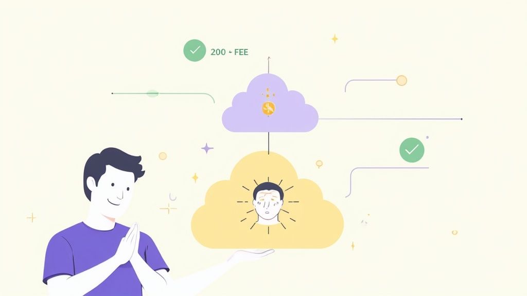 A man contemplates a distressed mind within a cloud, connected to a fee and a monetary cloud, symbolizing problem resolution.