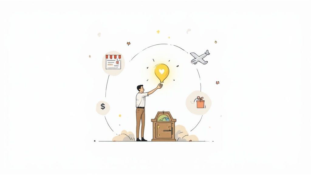 A gold trophy and several gold coins with star symbols on them, set against a dark blue background.