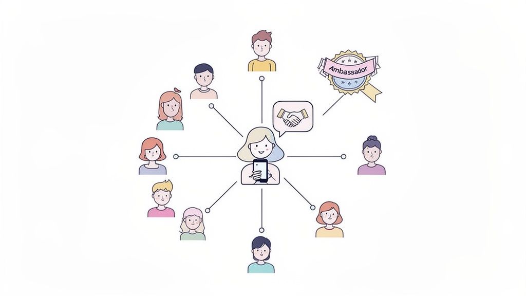 An illustration of a woman using a phone connecting to a network of people as an ambassador.