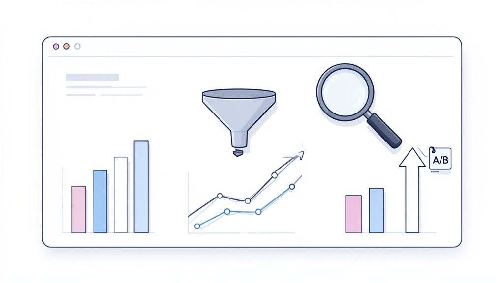 A web interface displays data analysis tools including bar charts, line graphs, a funnel, and A/B testing.