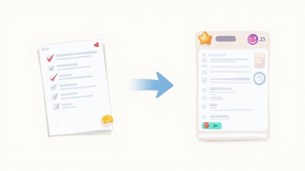 A stylized graphic showing a task list with game-like elements such as points and badges.