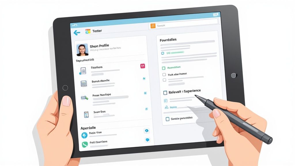 A person carefully filling out an online form on a sleek, modern laptop.