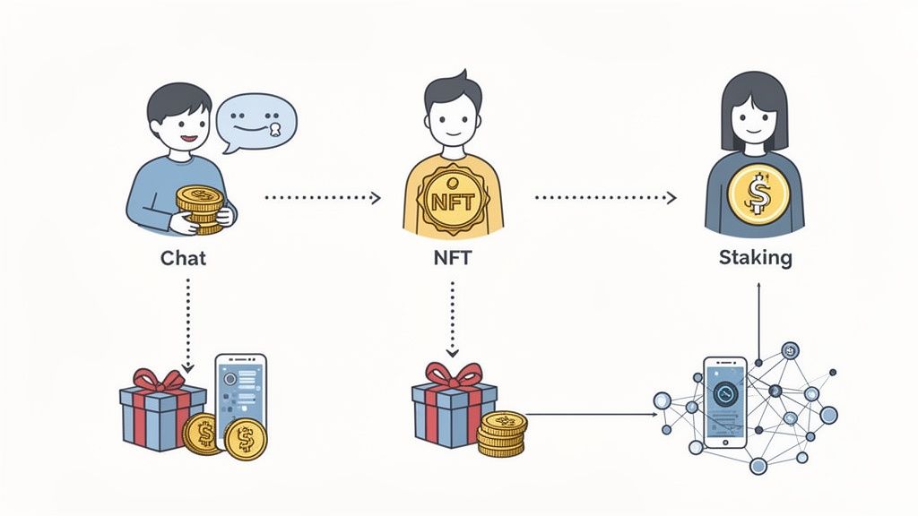 A diagram illustrating how user chat activity can lead to NFT acquisition and subsequent crypto staking rewards.