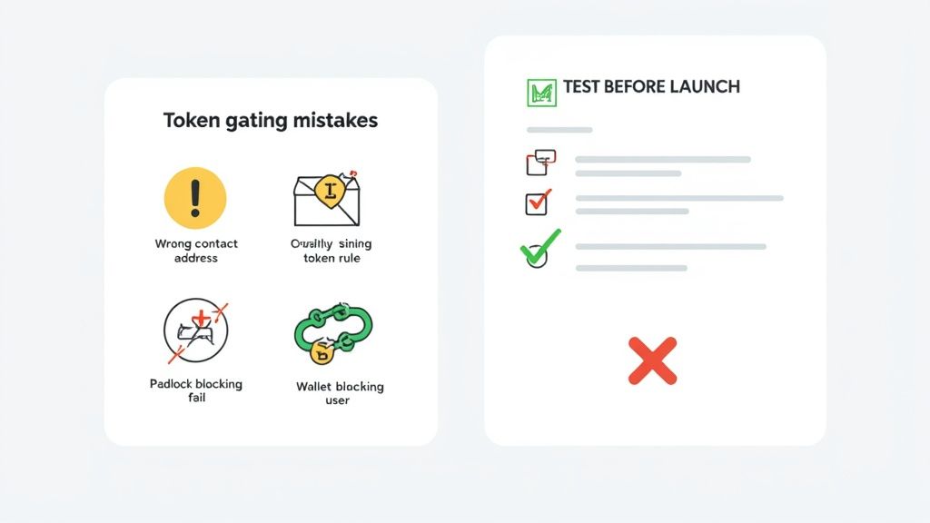 An illustration detailing common token gating mistakes, including wrong addresses and blocking failures, emphasizing pre-launch testing.