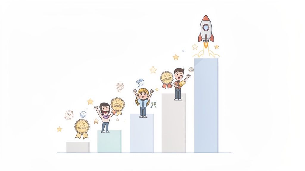 Cartoon people celebrating success with awards on a rising bar chart towards a rocket launch.