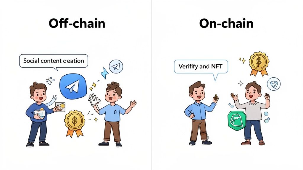 Cartoon illustrating off-chain social content creation and on-chain verification of NFTs and digital assets.