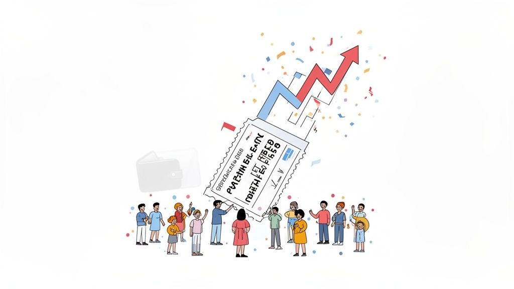 Diverse people celebrate a successful raffle ticket showing an upward trend graph with confetti.