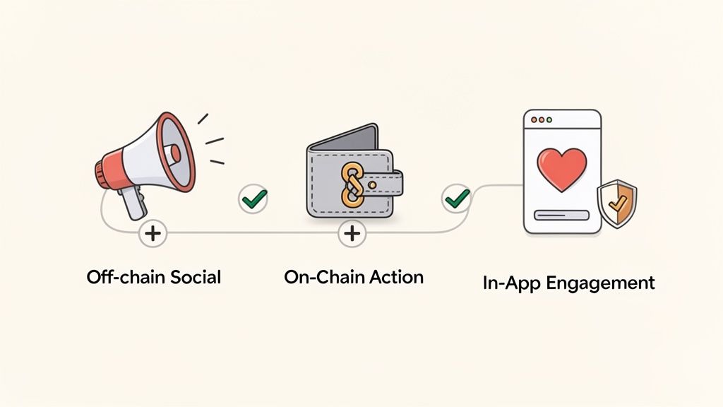 Diagram illustrating the workflow from off-chain social to on-chain action, leading to in-app engagement.