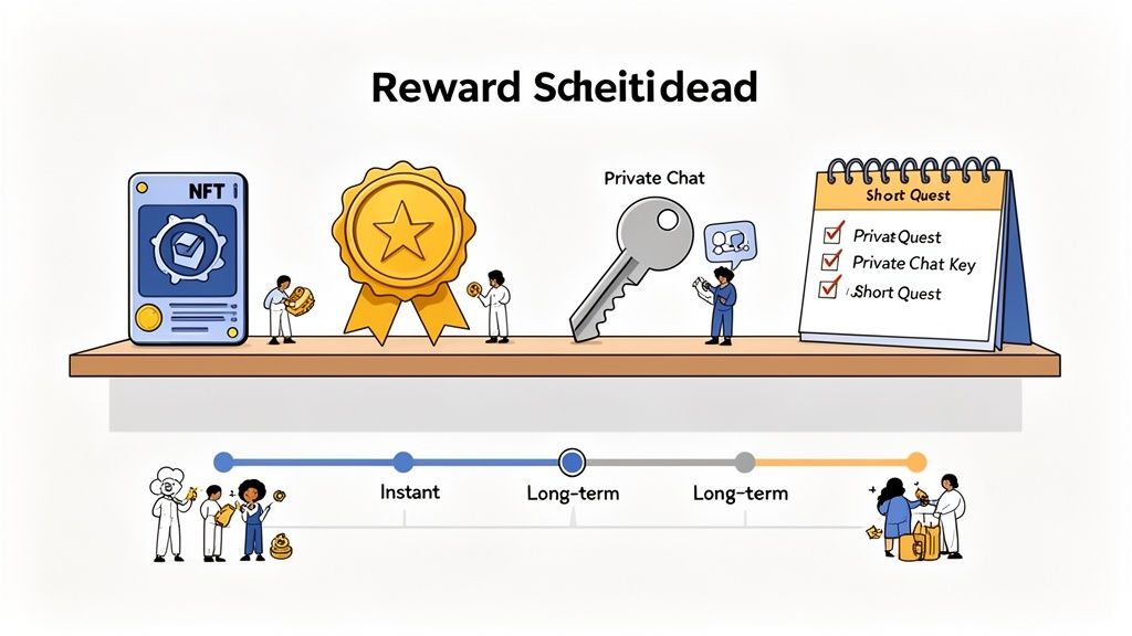 An illustration of various digital and physical rewards like NFTs, medals, chat keys, and quests, categorized by instant and long-term timelines.