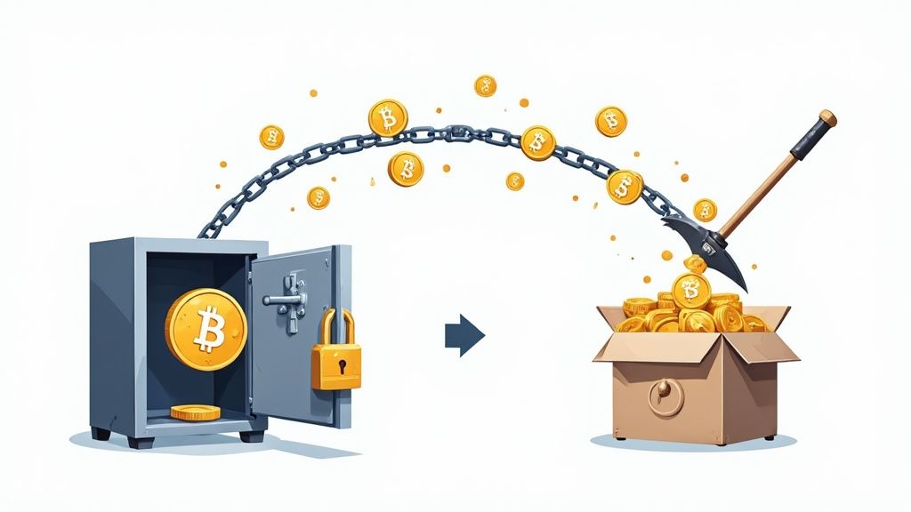 Diagram showing a crypto coin on its own blockchain and a token on a host blockchain