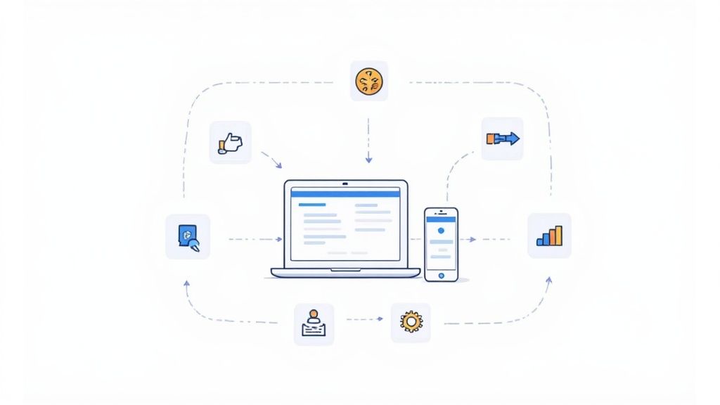 Digital ecosystem diagram with a laptop and smartphone connecting to various icons representing data and processes.
