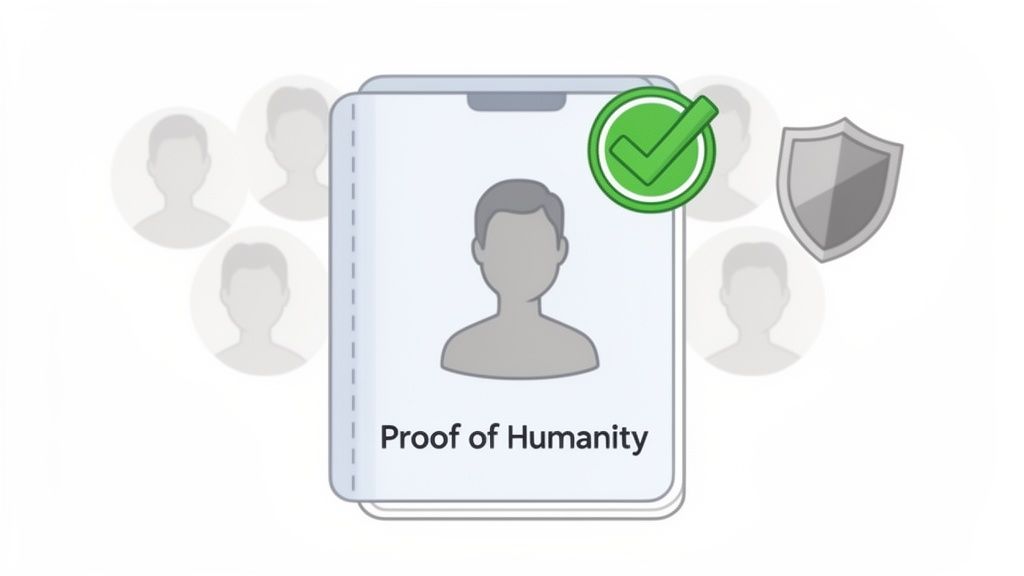 A digital identity card labeled 'Proof of Humanity' with a green checkmark, surrounded by user icons and a shield.