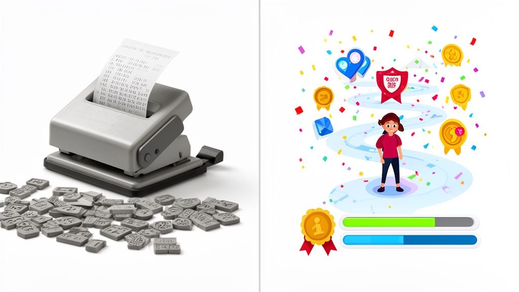 Image contrasting a braille paper punch with a gamified path featuring rewards, medals, and progress bars.