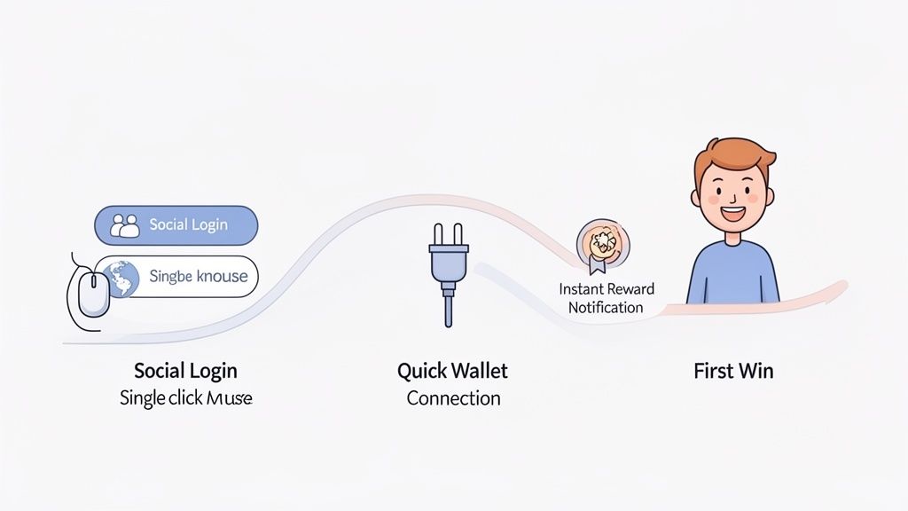 A flow diagram illustrating a user's journey from social login to quick wallet connection and instant reward.