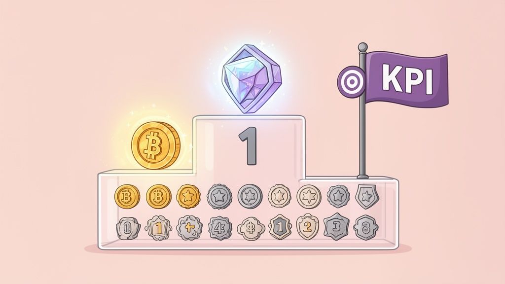 Illustration of a prize podium with a glowing gem, Bitcoin, KPI flag, and numerous achievement coins.