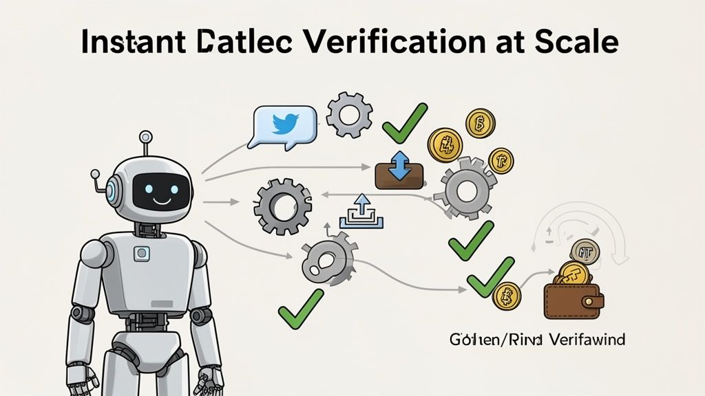 An illustration of a robot processing data, including social media and digital currency, through a verification system.
