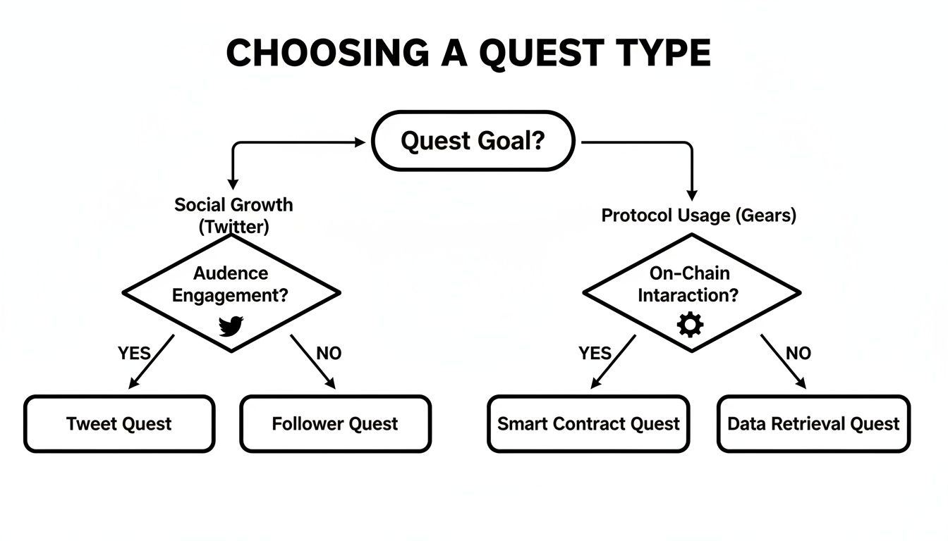Flowchart illustrating how to choose a quest type based on goals like social growth or protocol usage.