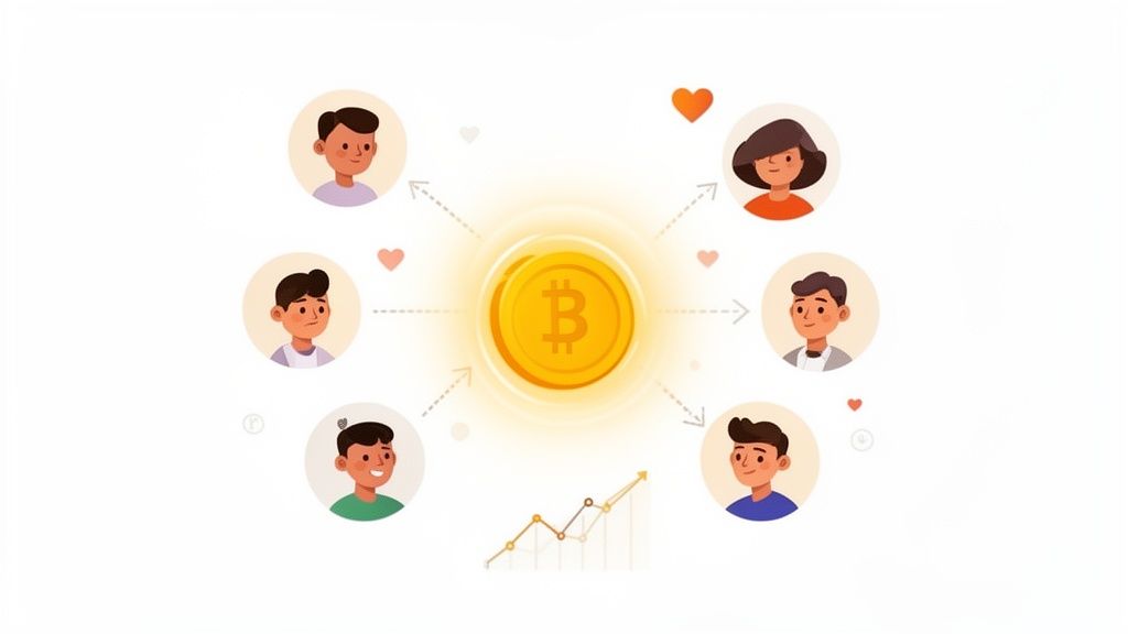 Illustration of a Bitcoin coin at the center, surrounded by diverse users, connected by arrows, with an upward trend graph.