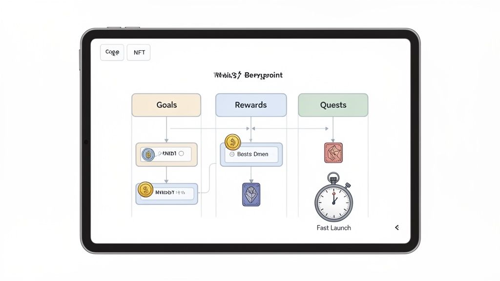 A digital diagram on a tablet illustrating a rewards program with goals, rewards, and quests.