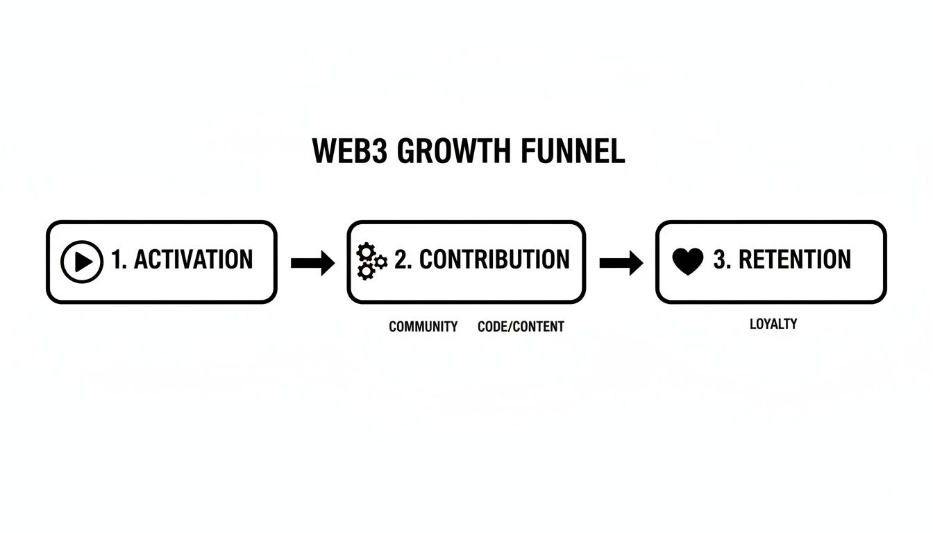 Diagram illustrating the Web3 Growth Funnel with stages: Activation, Contribution, and Retention.