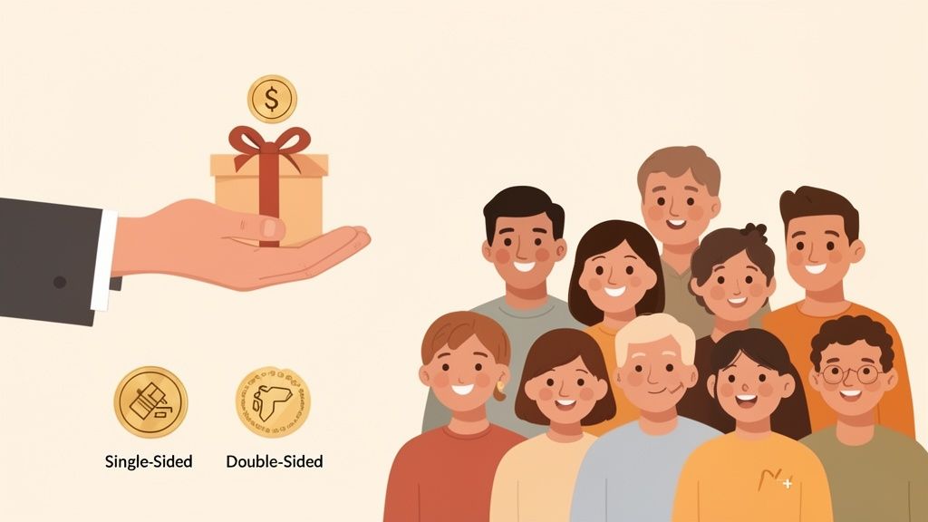 A hand offers a gift box and dollar coin to a diverse group of smiling people, with 'Single-Sided' and 'Double-Sided' coins below.