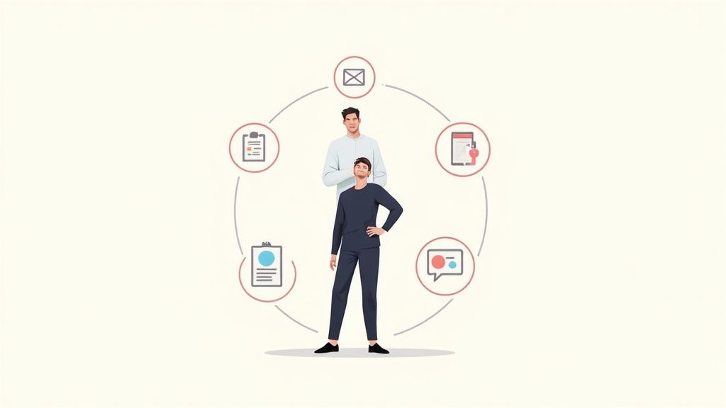 An abstract image showing interconnected marketing channels, like social media, email, and mobile, all flowing together.